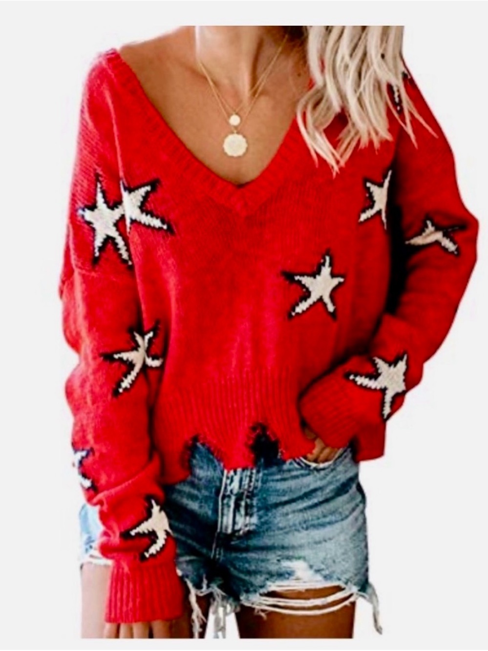 Blank Paige S/M Red V-Neck Star Pattern Sweater